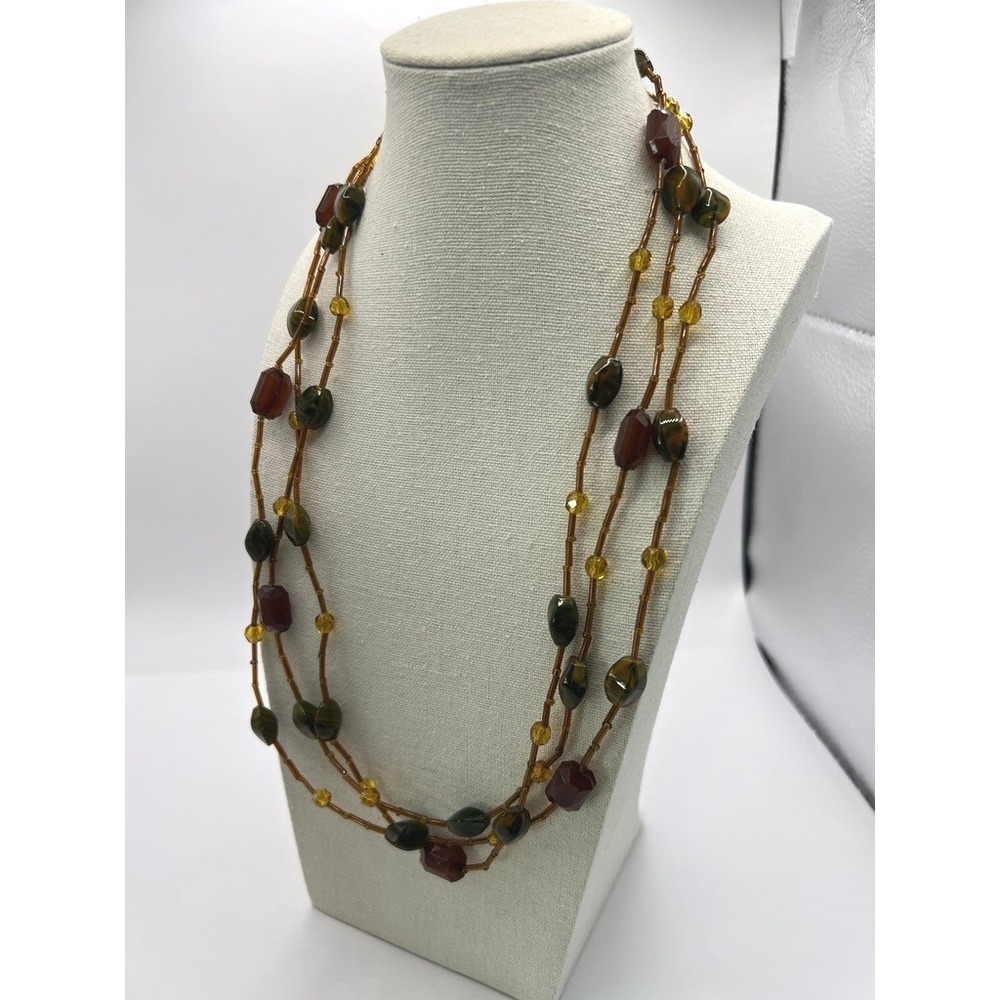 Glass Stone Necklace Beaded Green Amber70" Flapper Boho Earthy